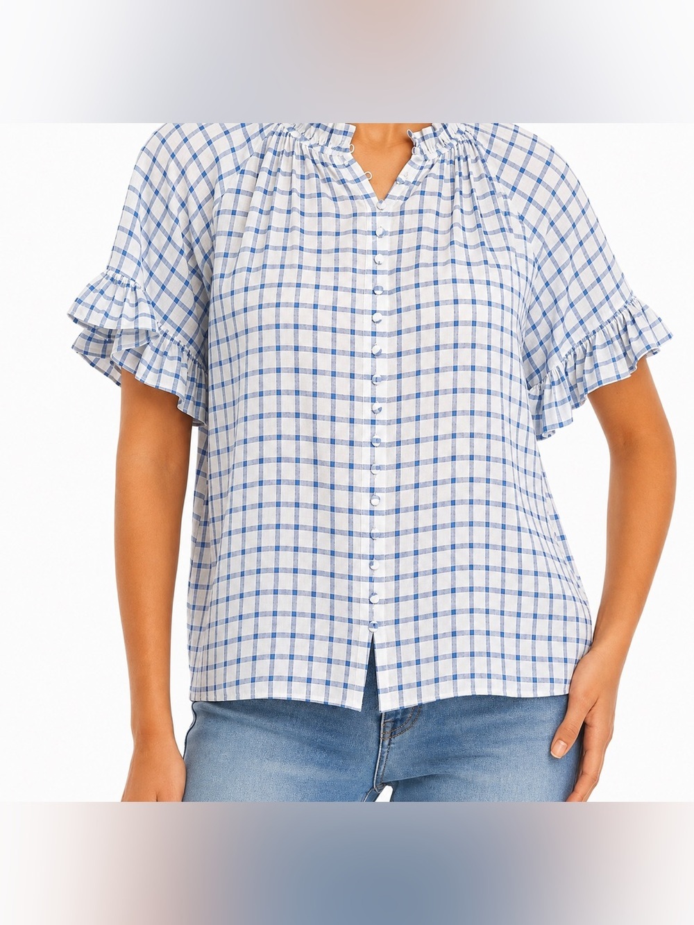 Philosophy blue check ruffle sleeve top, medium